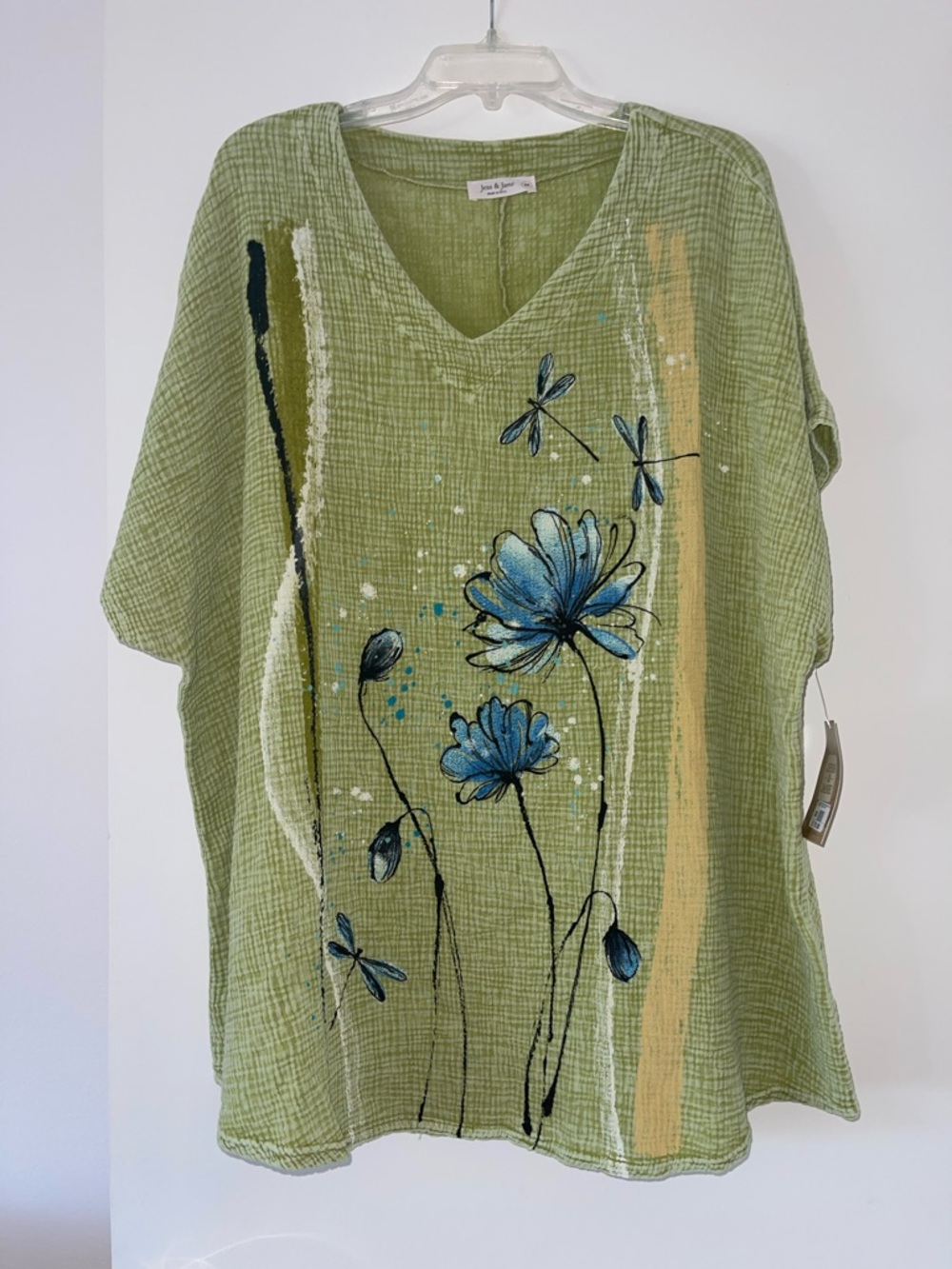 Olive Green Floral V-Neck Tunic with Blue Accents